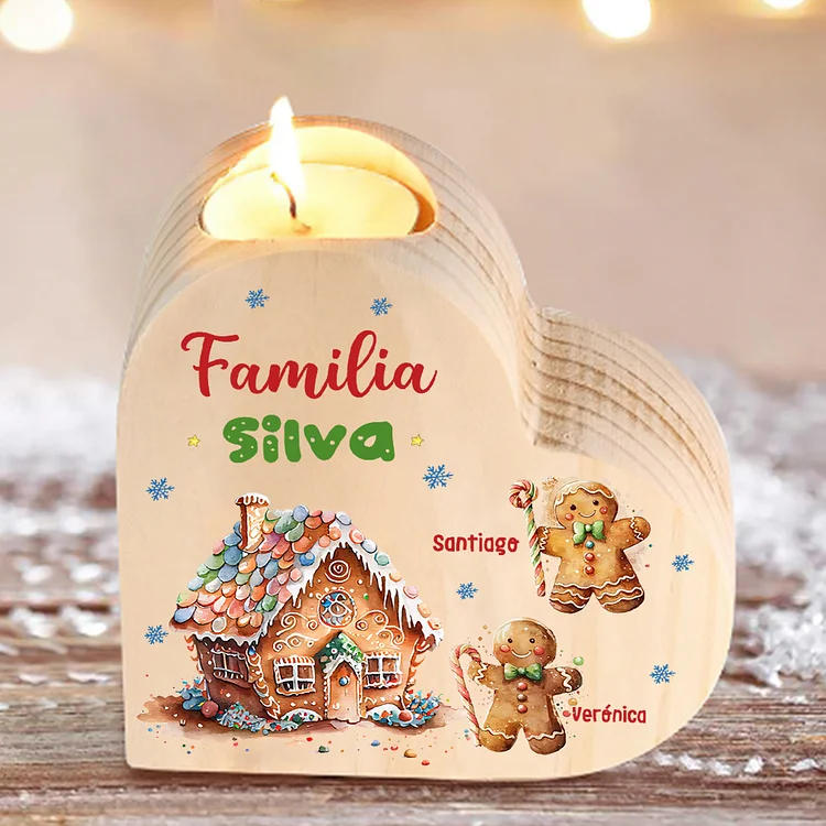 Navidad - Candelero de corazón jengibres y su casa personalizado con 2 nombres y 1 texto sin vela