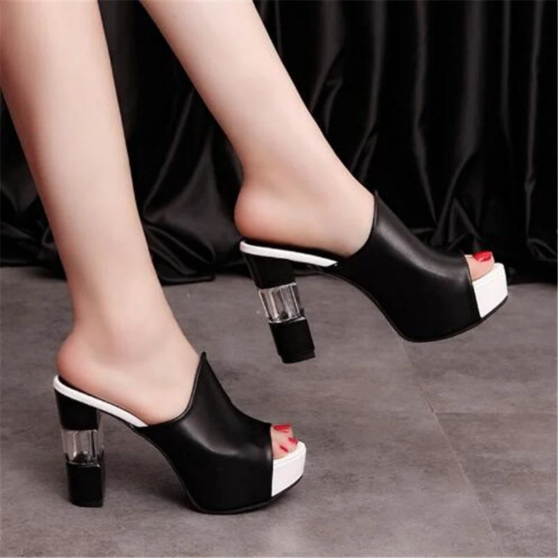 Ladies Leather Sole Slippers Women Sexy High Heel Mules Clogs Black Peep Toe Platform Mules   Sandals Shoes