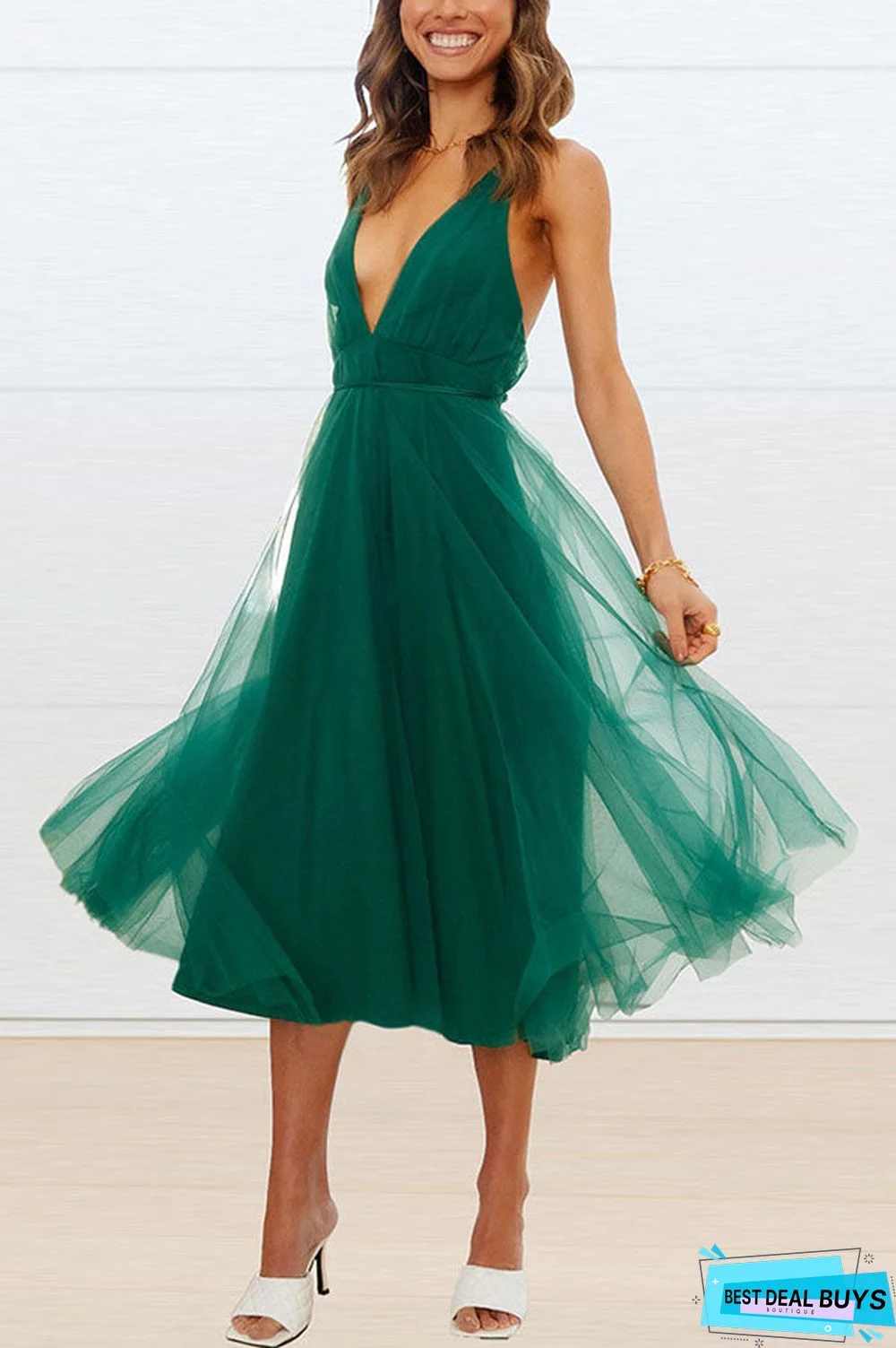 Feeling Romantic V Neck Tulle Midi Dress