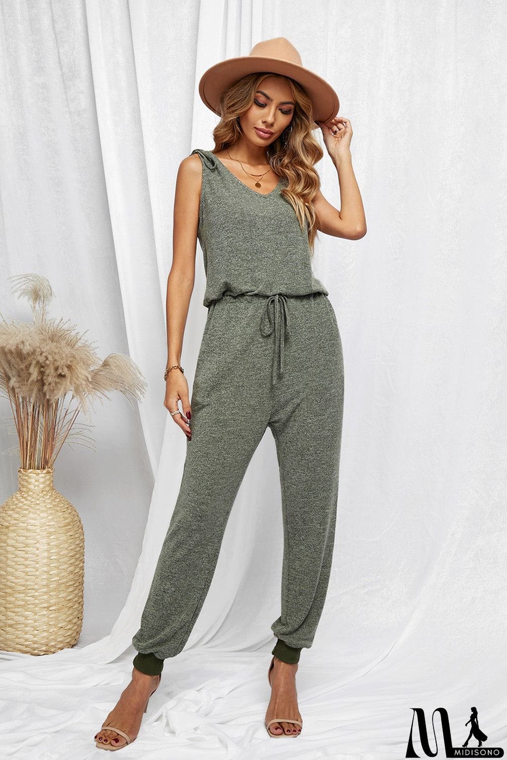 MidiSono - V Neck Tied Drawstring Sleeveless Jumpsuit