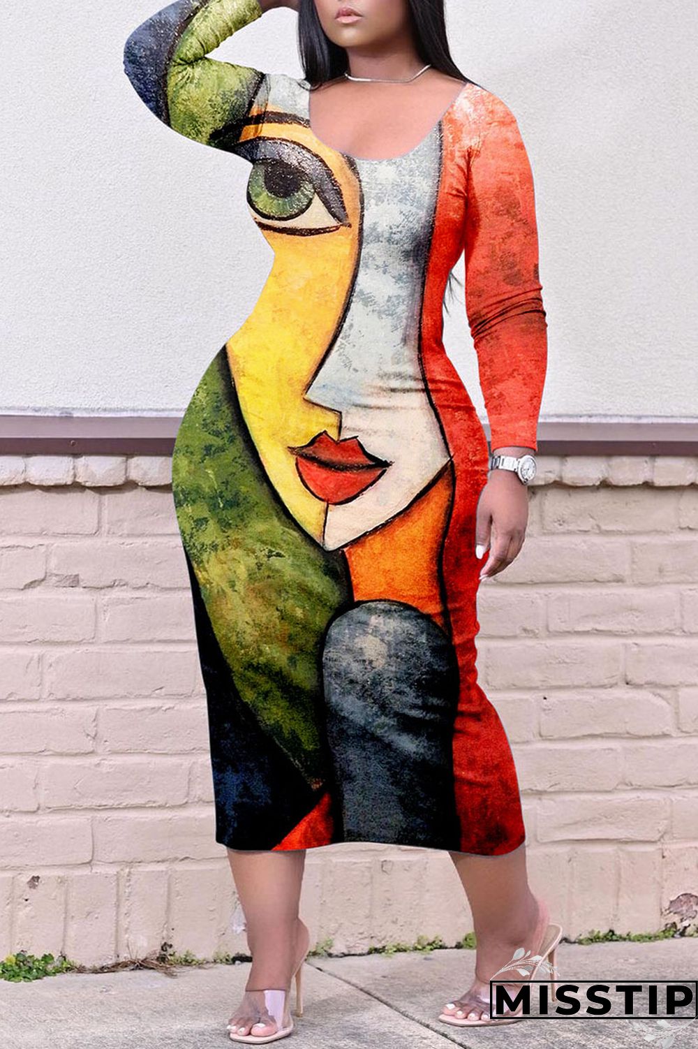 Colour Casual Print Patchwork O Neck Straight Plus Size Dresses