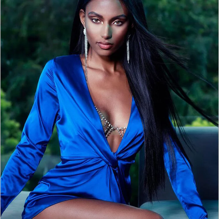 Uveng Uveng Trend V-Neck Wrinkled Fork Sexy Long-Sleeved Dress