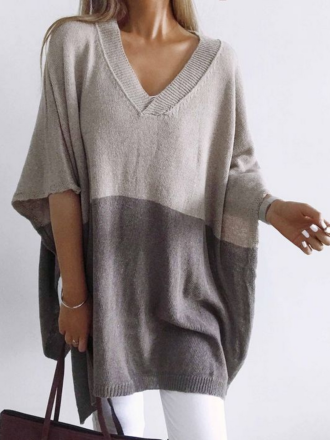 Grey Knitted V Neck Half Sleeve Shirts & Tops | EGEMISS