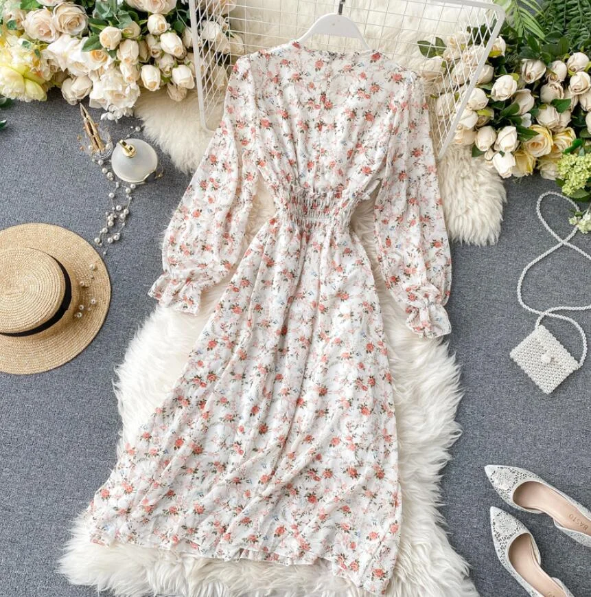 Floral elegant Women Dress Vintage Long sleeve V-neck Print Chiffon Dresses 2020 Spring summer Elastic waist Long Dress Vestidos