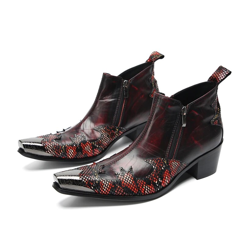 VCSHOES Nightclub Cowboy Men Metal Square Toe Formal Dress Boots Plus Size Male Zipper Party Short Boots Genuine Leather Ankle Boots