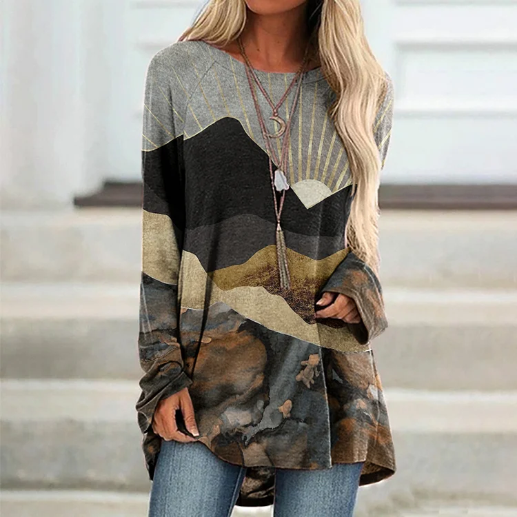 Metal Mountain Print Crew Neck Casual Tunic