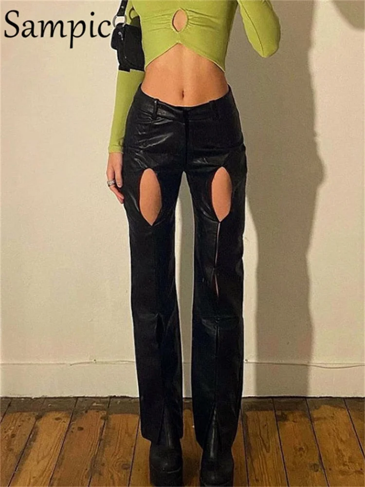Sampic Black Y2K Faux Leather Pants Trousers Women Skinny Hollow Out High Waist Long Casual Straight Vintage Leisure Pants 2021