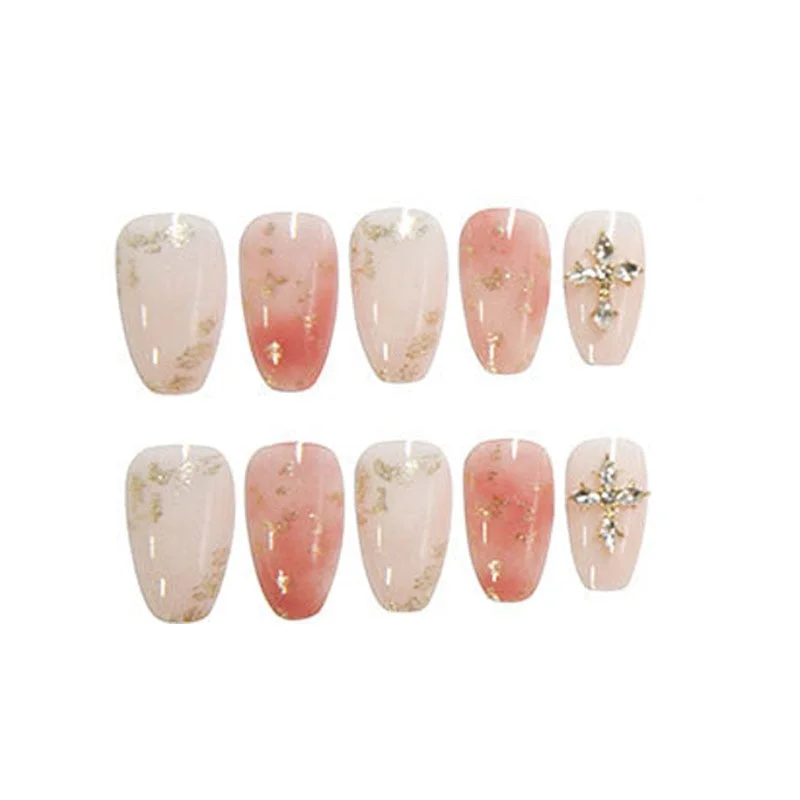 24pcs/box press on nails coffin Halo dyeing gold pink Diamond inlay Manicure patch false nails with glue for girls free shipping-Nail Inspo