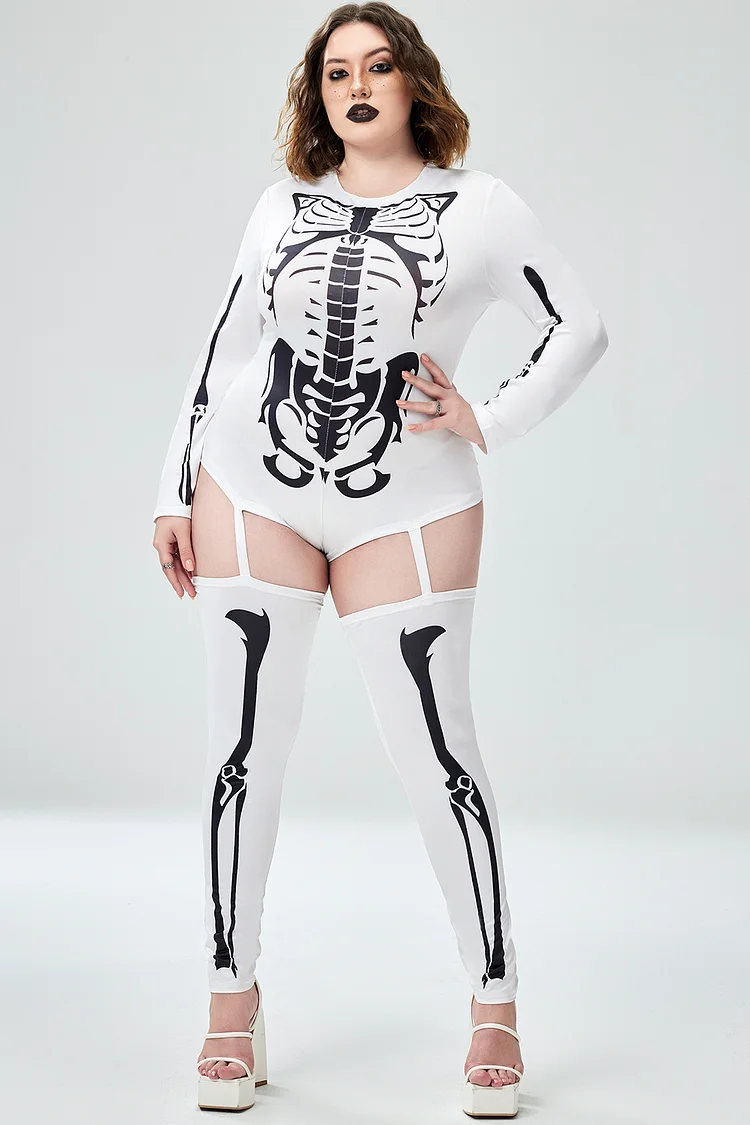 Xpluswear Design Plus Size Casual Halloween Costume White Round Neck Skeletons Print Knitted Bodysuit 