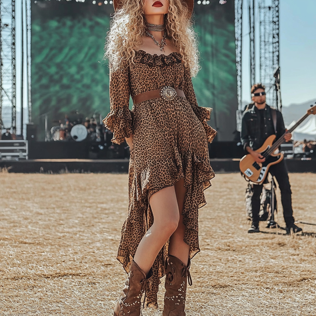 Coachella Music Festival Rock Rave Party Floral Leopard Polka Dot Lace Ruffle Vintage Dress