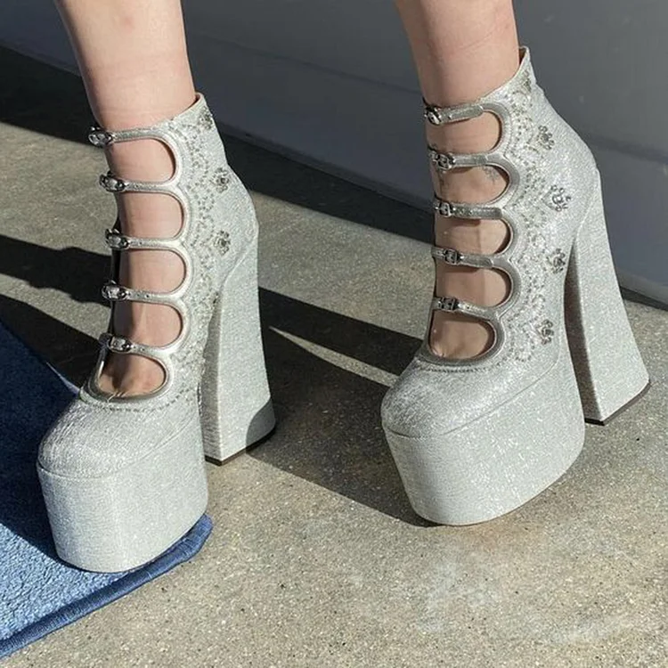 Glitter Chunky Heel Shoes Platform Ankle Boot Buckle Heels Vdcoo