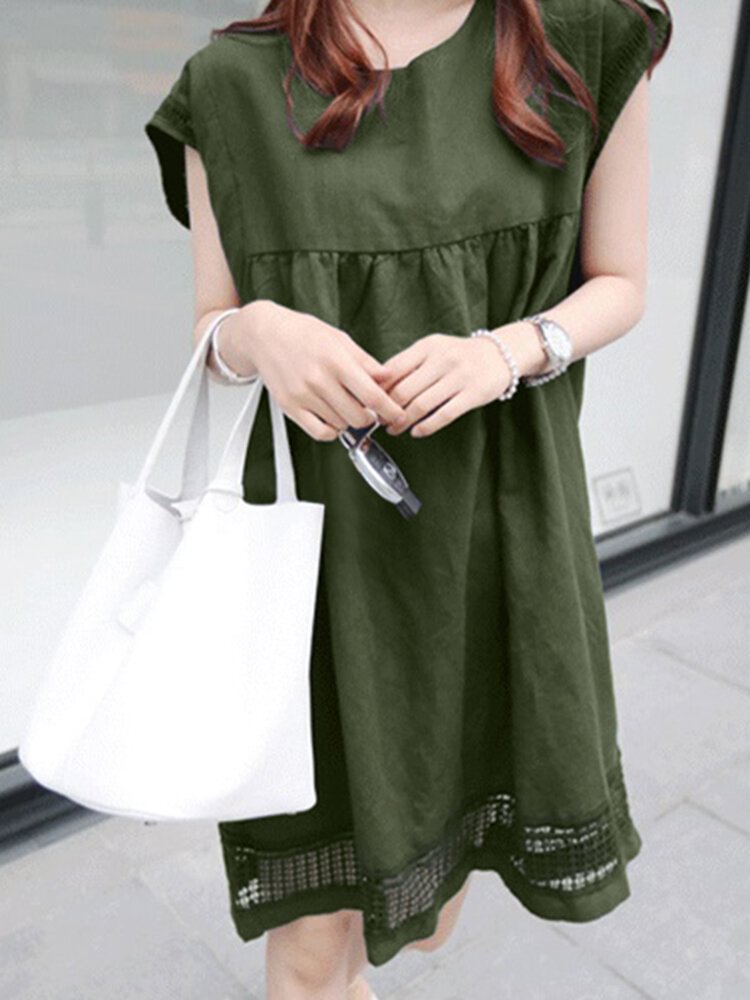 Lace Hem Panel Solid Crew Neck Short Sleeve Dress - Shop Trendy Women's Fashion | TeeYours