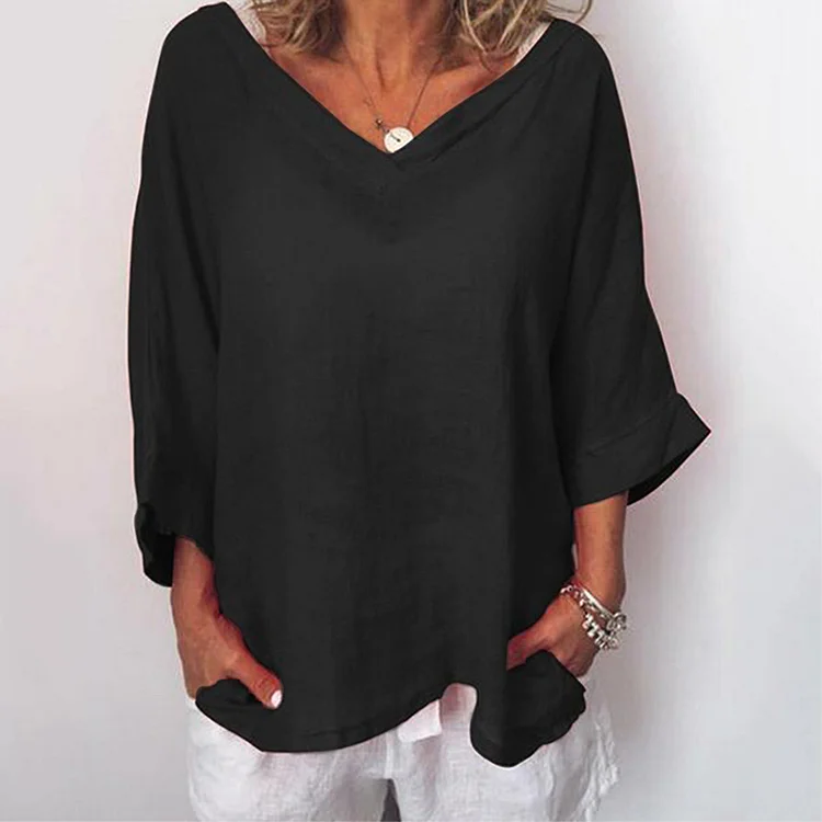 V Neck Comfy Linen Cotton Oversize Shirt