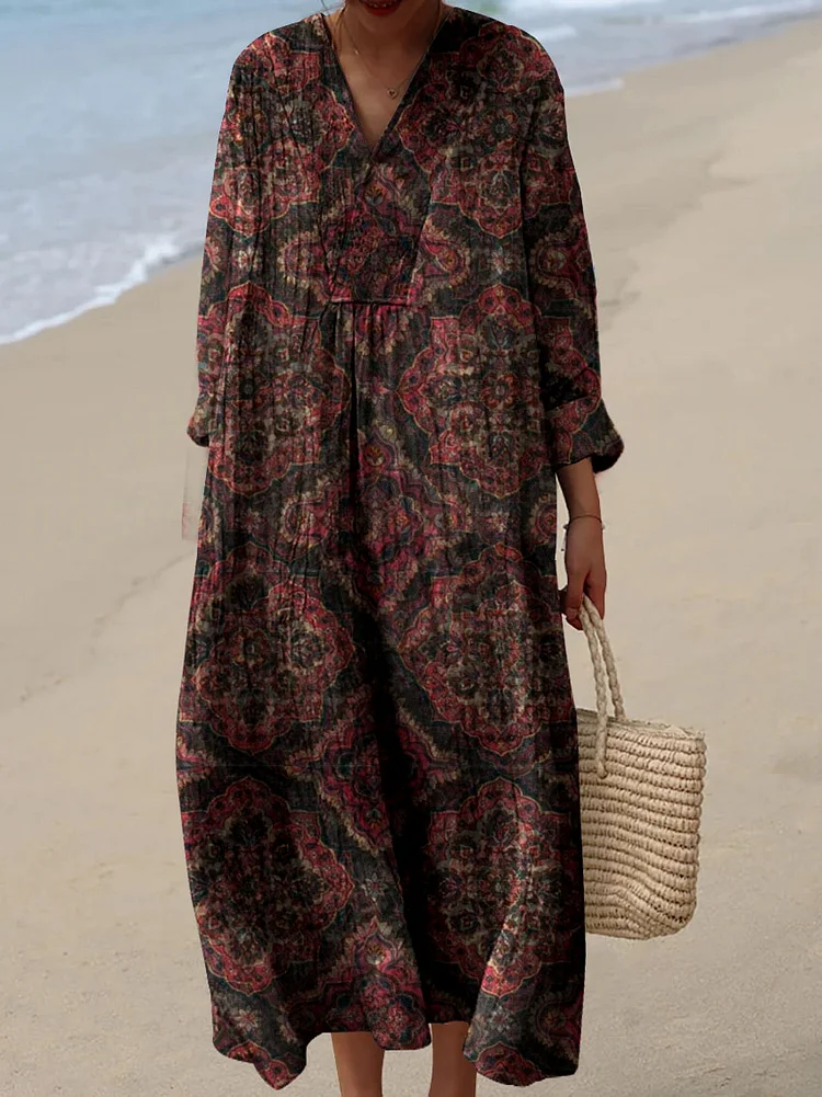 Womens Retro Geometric Floral Pattern Print Casual Cotton And Linen Dress