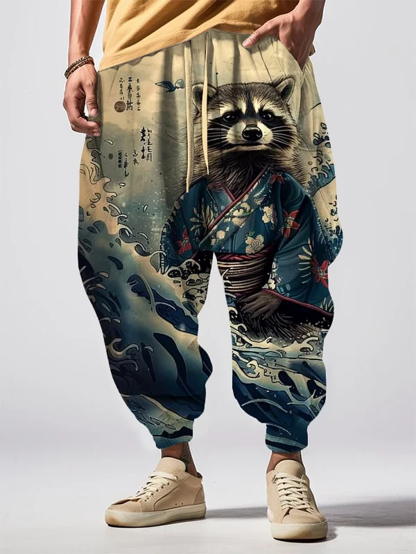 Men's Kimono Raccoon Waves Japanese Art Print Loose Drawstring Waist Sweatpants