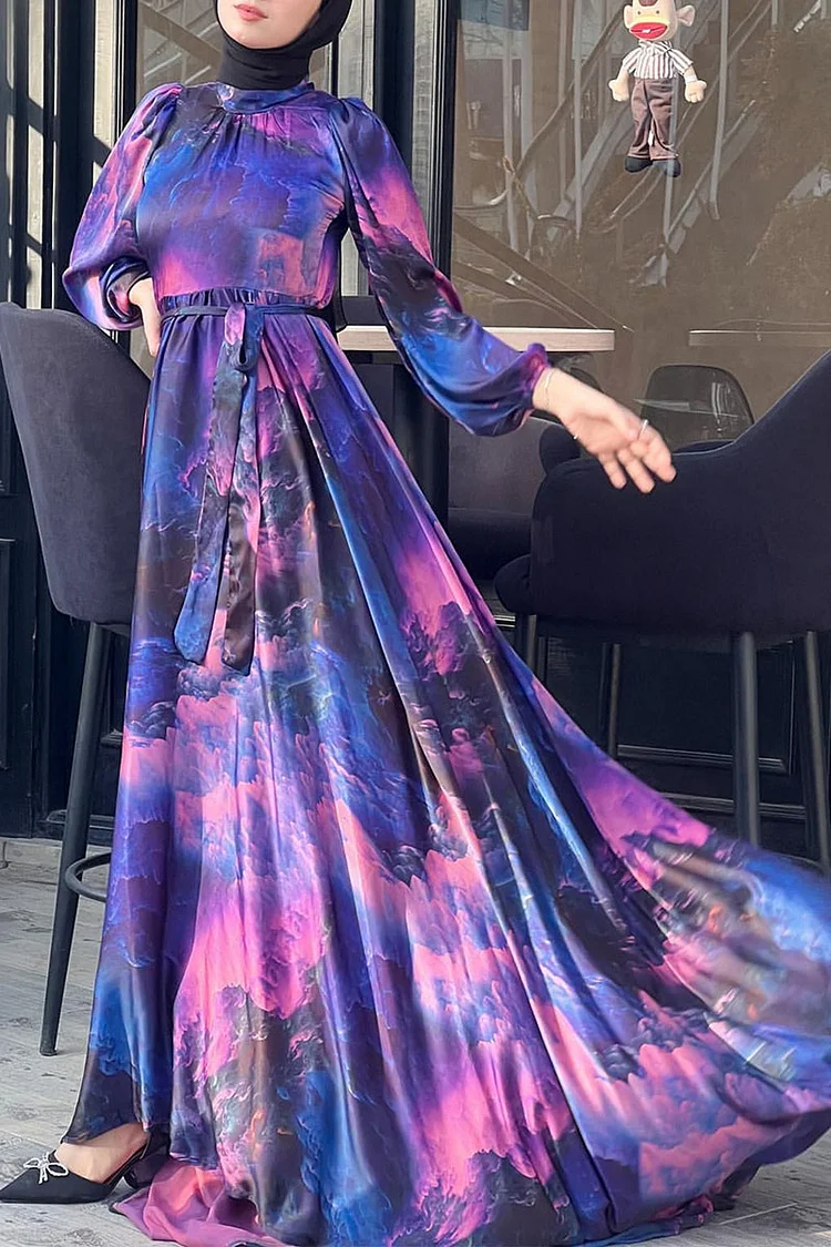 Mock Neck Abstract Print Lantern Sleeve Knotted Waist Maxi Dresses