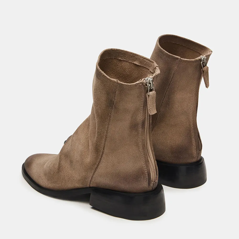 Taupe Vegan Suede Closed Toe Chunky Heel Back Zipper Booties for Women