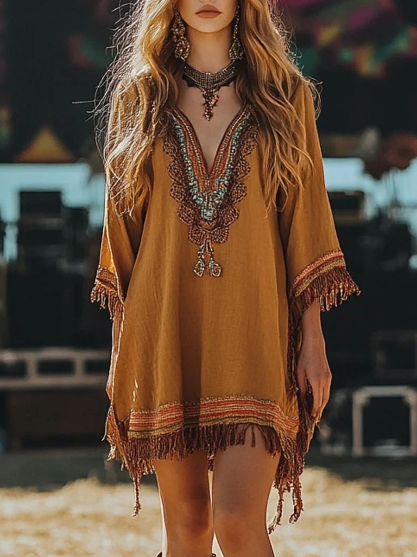 Fringe Hem 3/4 Sleeve Mini Dress mysite idetrend