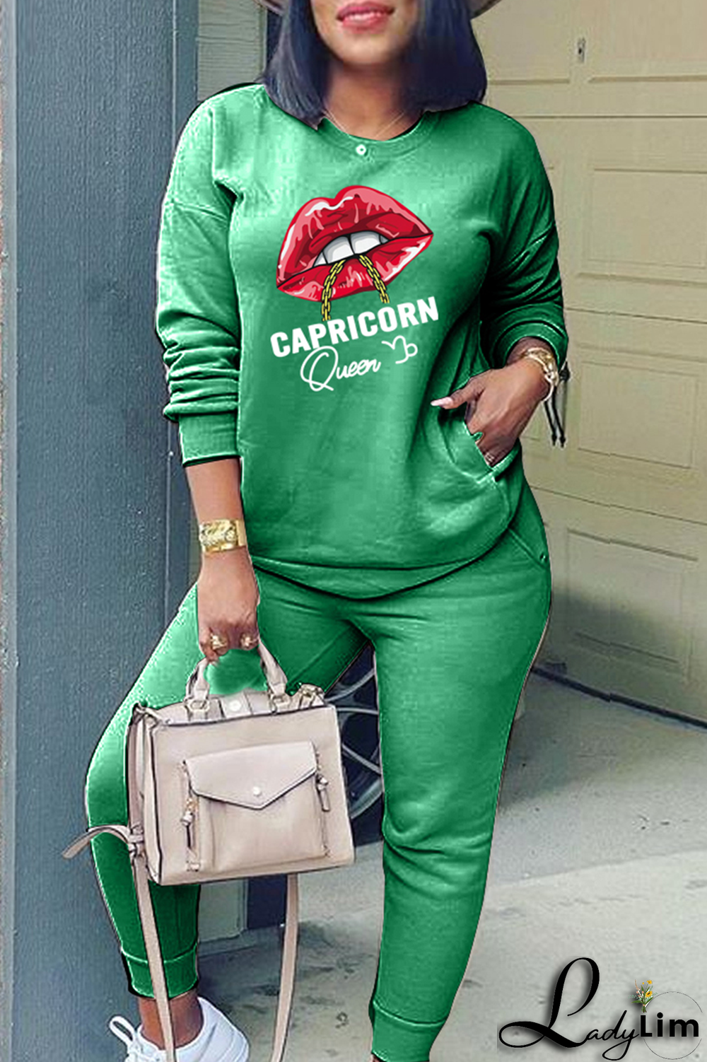 Yellow Fashion Lips Printed Patchwork O Neck Long Sleeve Two Pieces