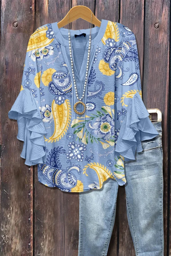 Retro Paisley Print Ruffle Sleeve Top