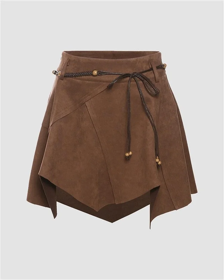 Suede Irregular Brown Midi Skirt