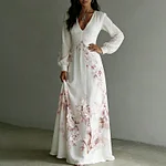 Women's Vintage Rose Art V-neck Long Sleeve Maxi Dress - Image 2