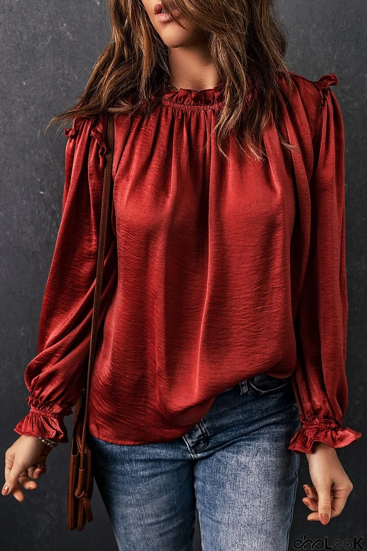 Frilled Neck Ruffled Long Sleeve Blouse