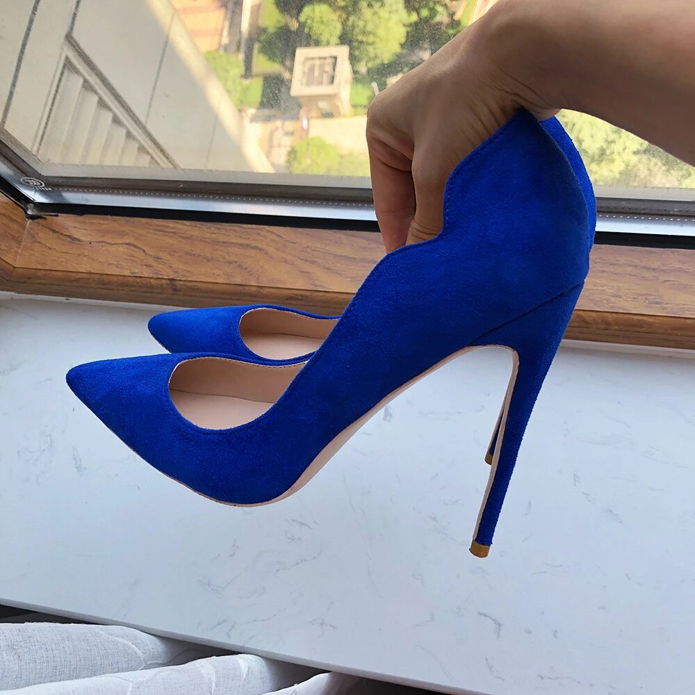Solid Royal Blue Women Curl Cut Flock Pointy Toe High Heel Shoes 8cm 10cm 12cm Faux Suede Stiletto Pumps
