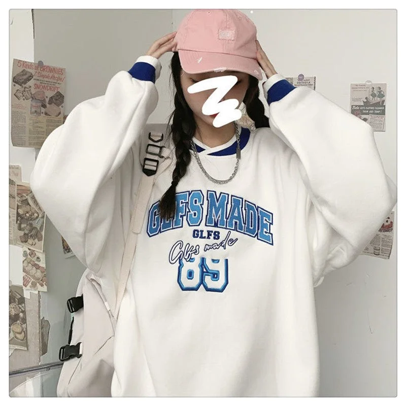 Autumn Winter Aesthetic Retro Streetwear Letter Embroidery Plus Velvet Women Sweatshirts Chic Harajuku V-Neck Pullover Oversized