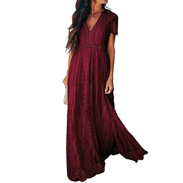 Women Deep V Neck Short Sleeve Floral Lace Bridesmaid Maxi Dress Cocktail Party Evening Gown