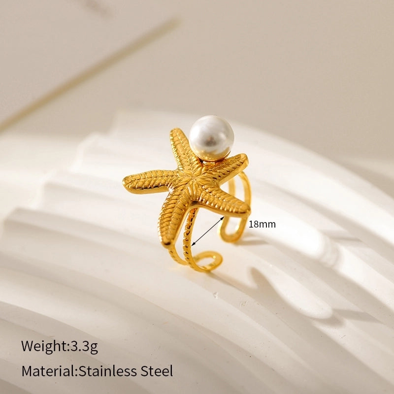 Beach Round Starfish 304 Stainless Steel Pearl 18K Gold Plated Plating Inlay Open Rings
