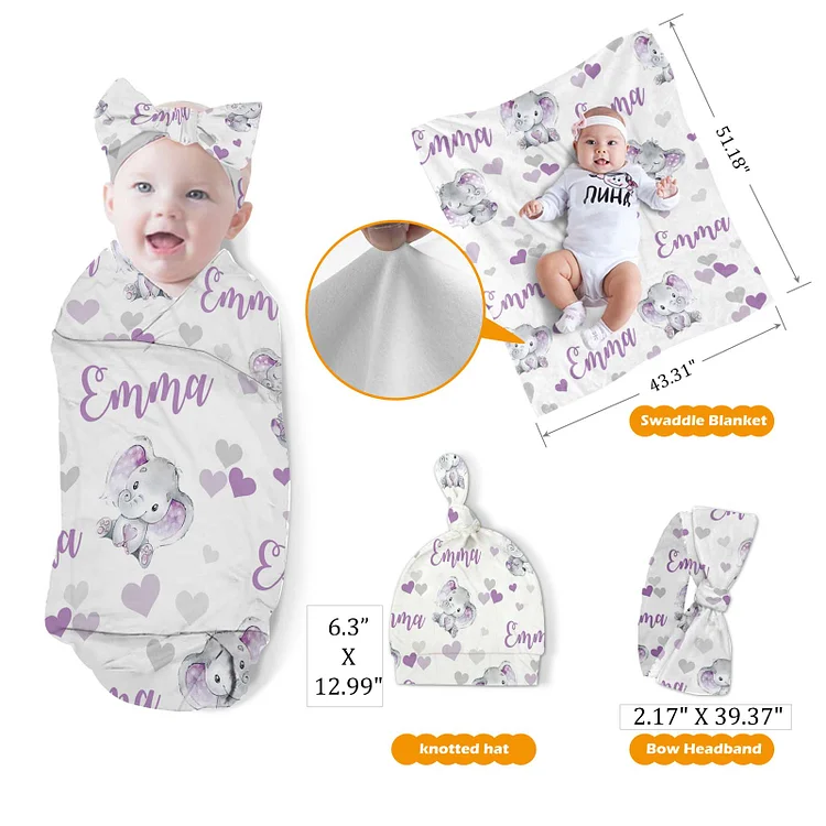 Personalized Elephant Baby Swaddle Newborn Swaddle Blanket Set|Set38