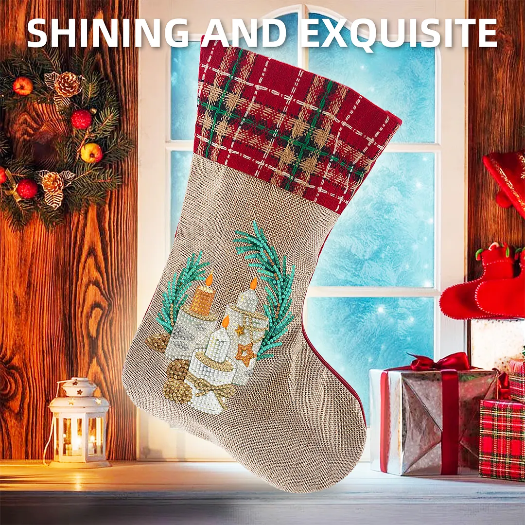 DIY Diamond Painting Christmas Stockings Hanging Ornaments Large Capacity Xmas Socks Pendant Wear Resist Candy Gift Storage Bags for Family Christmas Holiday Party Decoration (Bright candle)