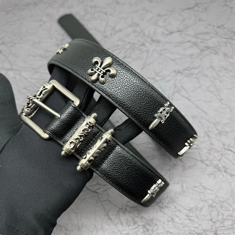 Metal Cross-studded Holy Sword Embellishment Leather Jeans Belt