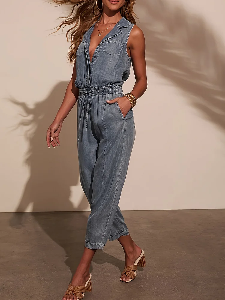 Women's Street Style Sleeveless V-Neck Washed Denim Jumpsuit - Mid-Length Elastic Drawstring Waist Casual Romper, Lightweight Non-Stretch Denim For Spring Summer Fall, Seasonal Fashion, Straightleg Cut, Comfortable Fit, Buttonfront Romper