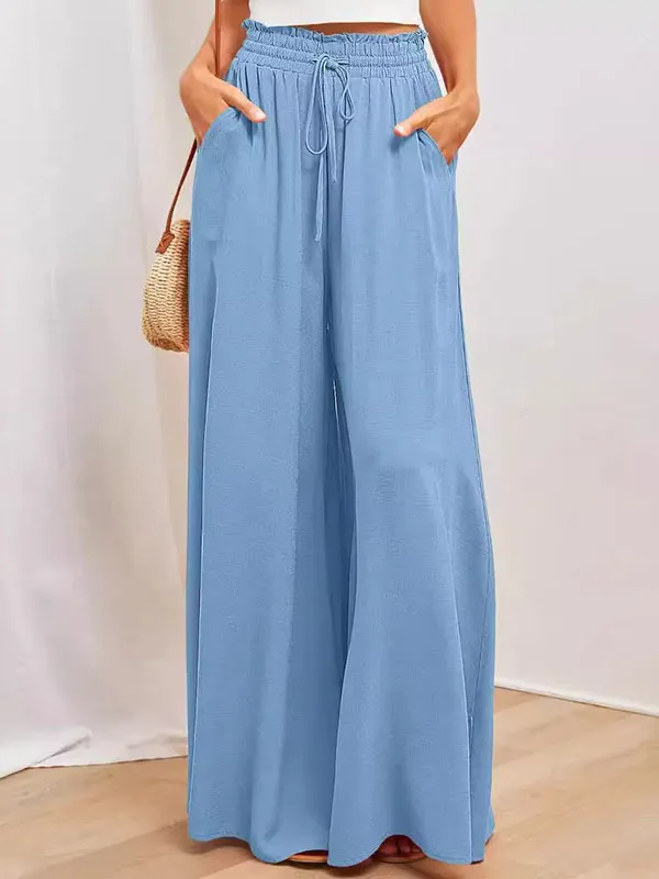 High Waisted Loose Drawstring Pleated Cotton Pants