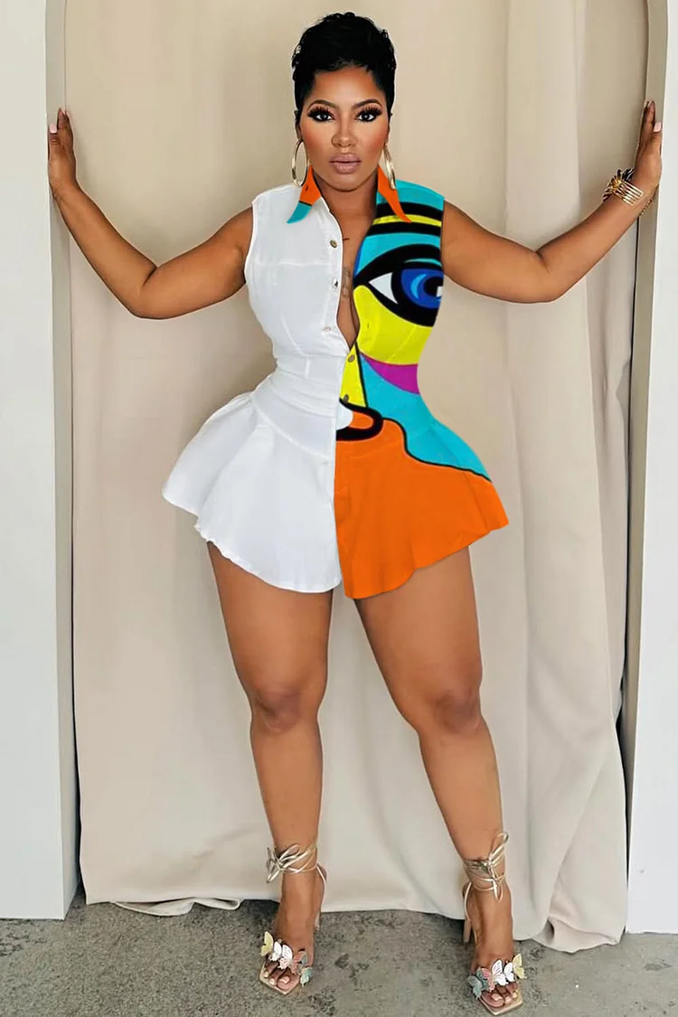 Abstract Print Button Up Sleeveless Daily Romper Playsuit-White [Pre Order]