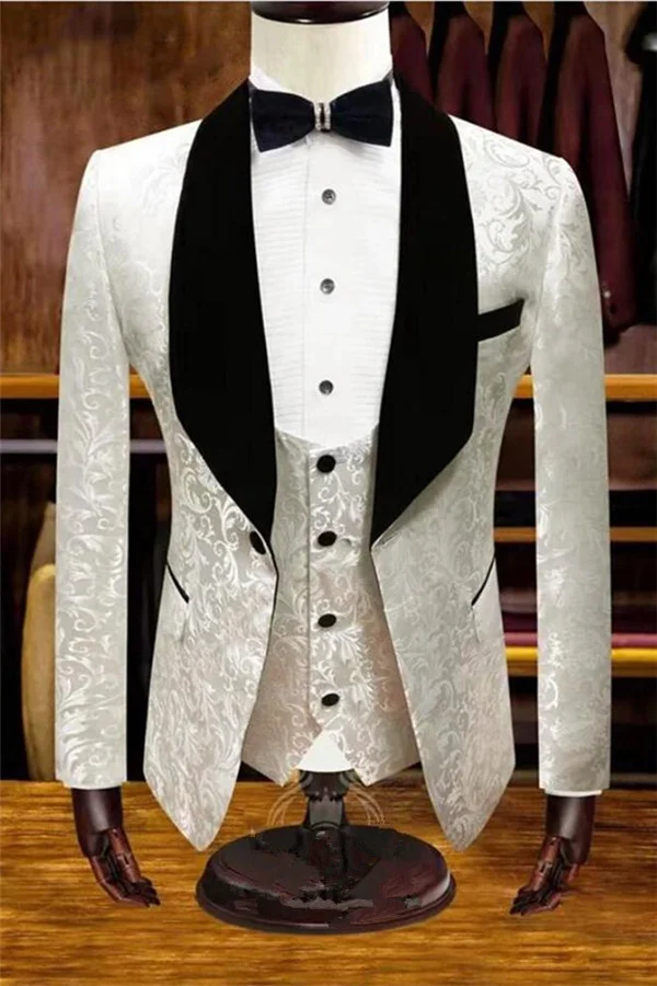 Bellasprom White Jacquard Wedding Tuxedos  Men Suits for Groom Three Pieces Bellasprom