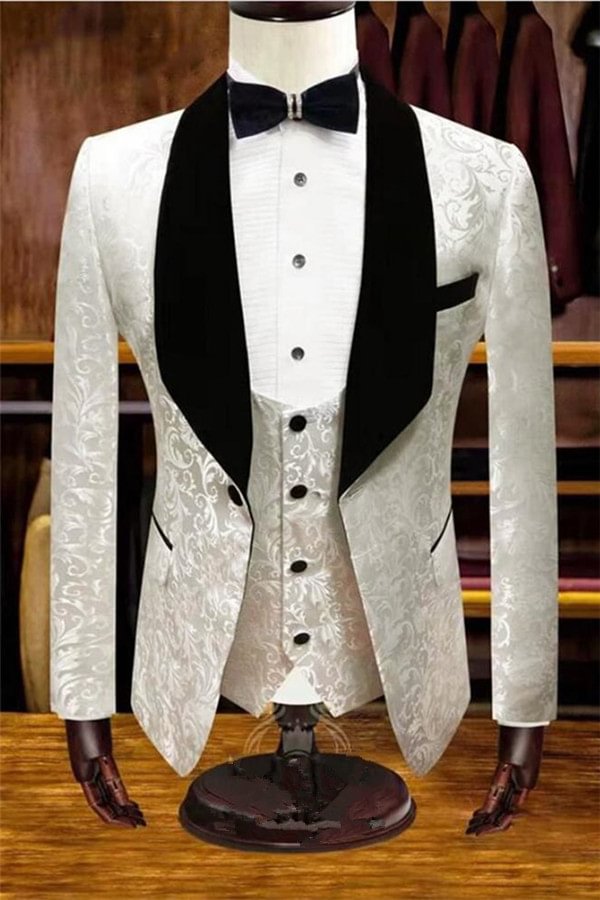 3 Pieces Modern White Jacquard Wedding Tuxedos Men Suits for Groom | Ballbellas Ballbellas
