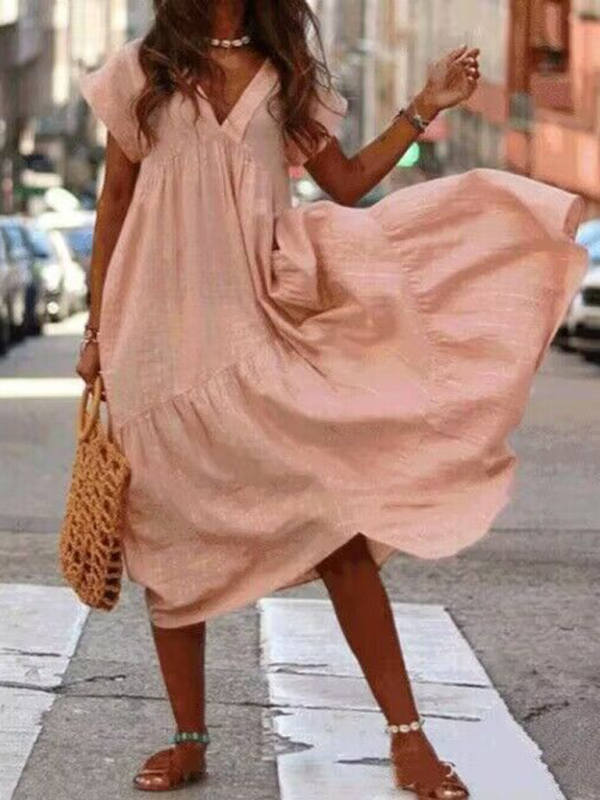 Mature Women Casual Summer Solid Color V-Neck Irregular Long Swing Dress