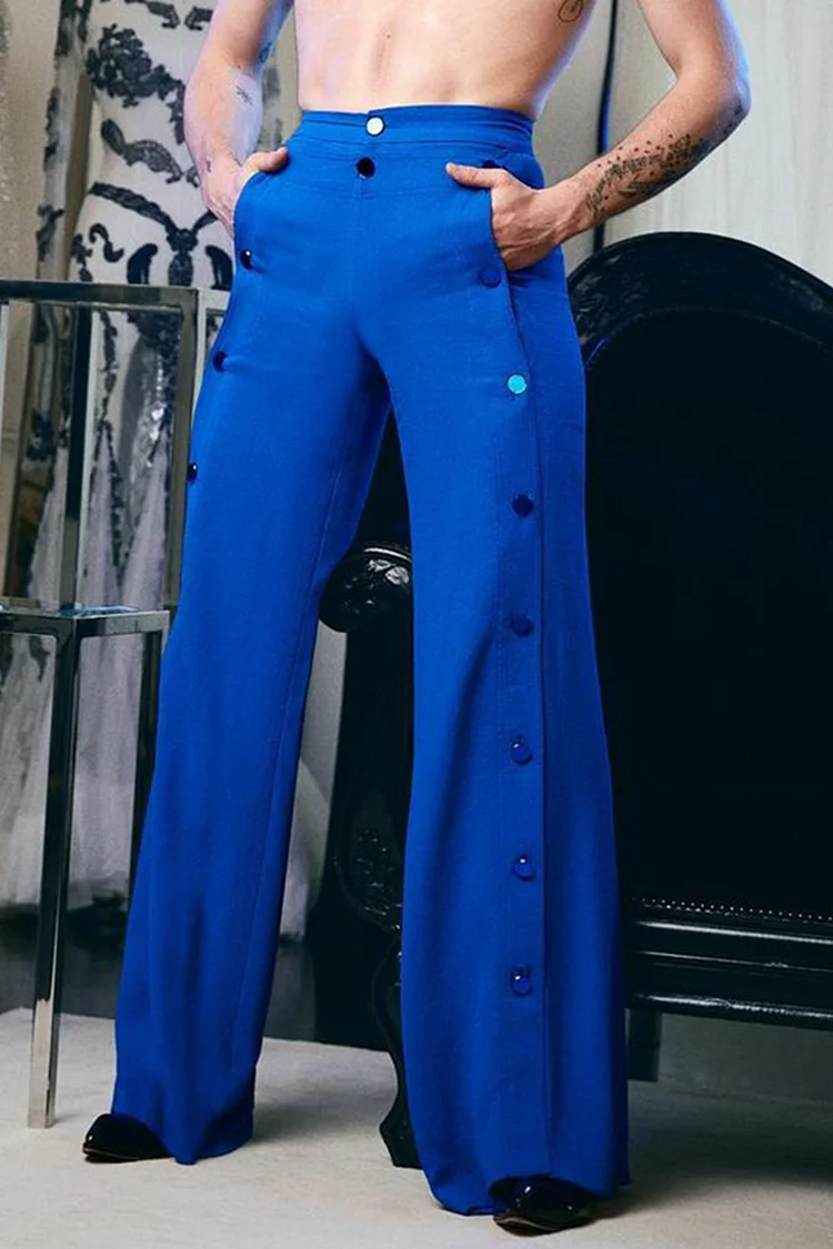 Ciciful Double-Breasted Loose Fit Casual Blue Wide Leg Pants