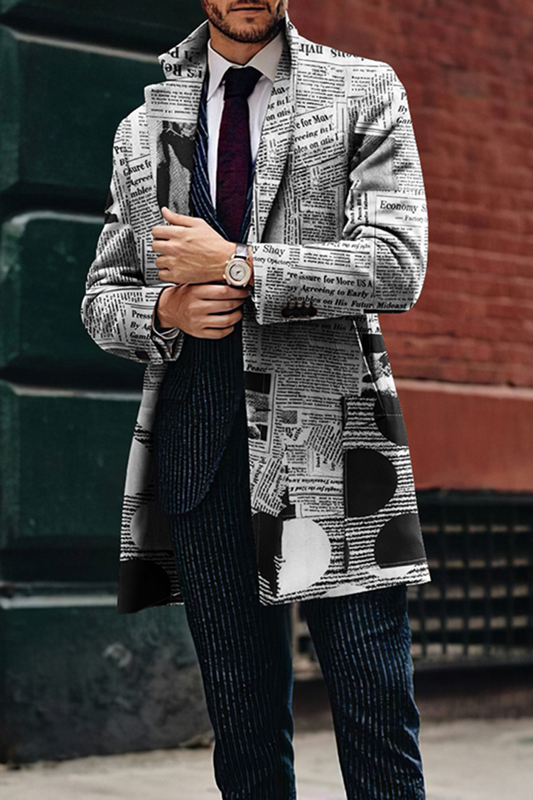 Lapel Vintage Newspaper Print Wool Coat