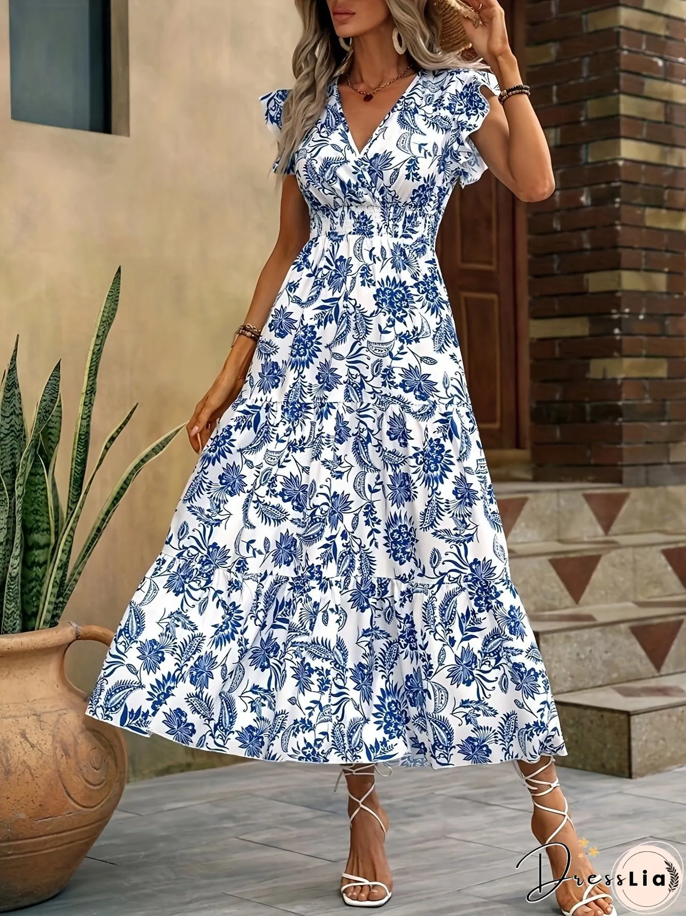 Allover Print Shirred Waist Dress For Spring Summer Womens Clothing