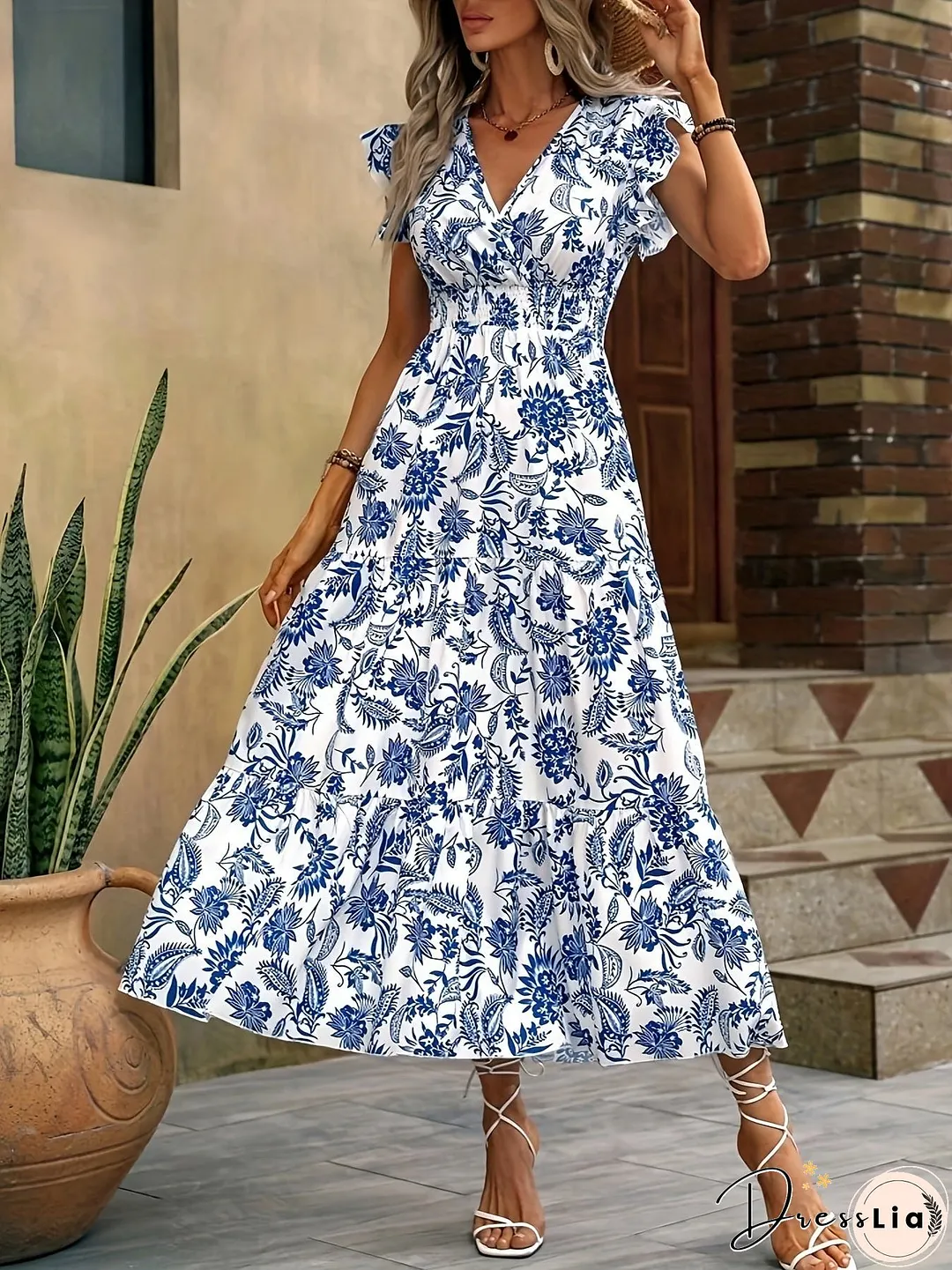 Allover Print Shirred Waist Dress For Spring Summer Womens Clothing