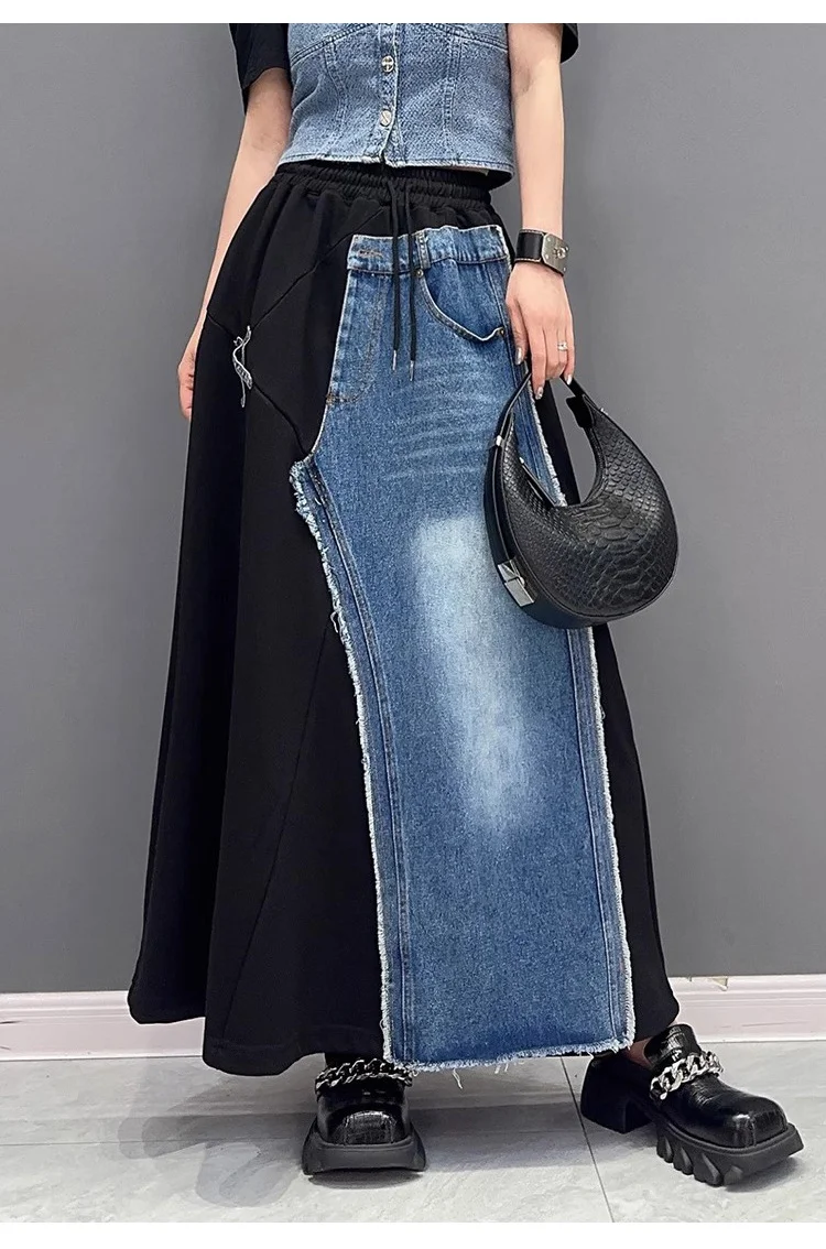 Moongor Street Style Denim Splicing Elastic Waist Skirt