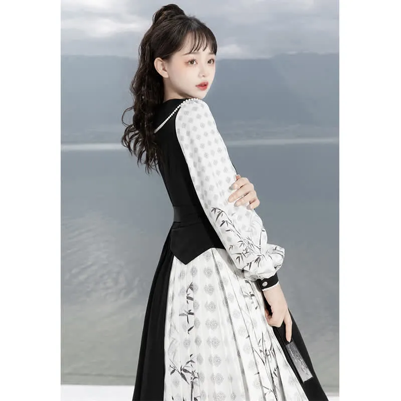 Vintage Bamboo Print Lapel Colorblock Dress