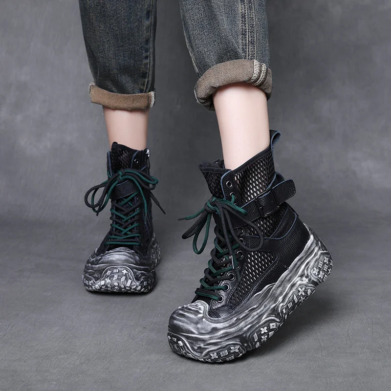 Yyvonne Layer Kraft Breathable Mesh Martin Boots 2025 Summer New Hollow Cool Boots Leisure Thick-Bottomed High-Top Sandals