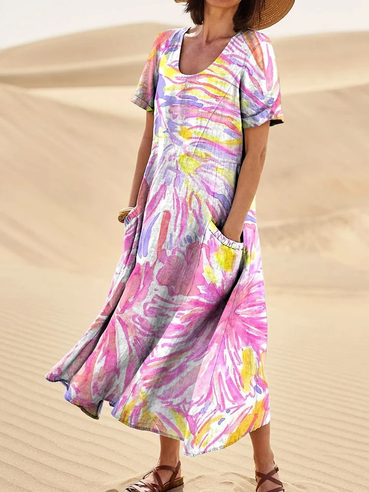 Women's Simple Color Splicing Gradient Texture Linen Pocket Dress