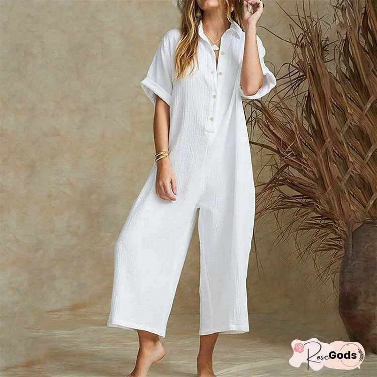 Light Gray 3/4 Sleeve Plain Casual Buttoned Jumpsuits