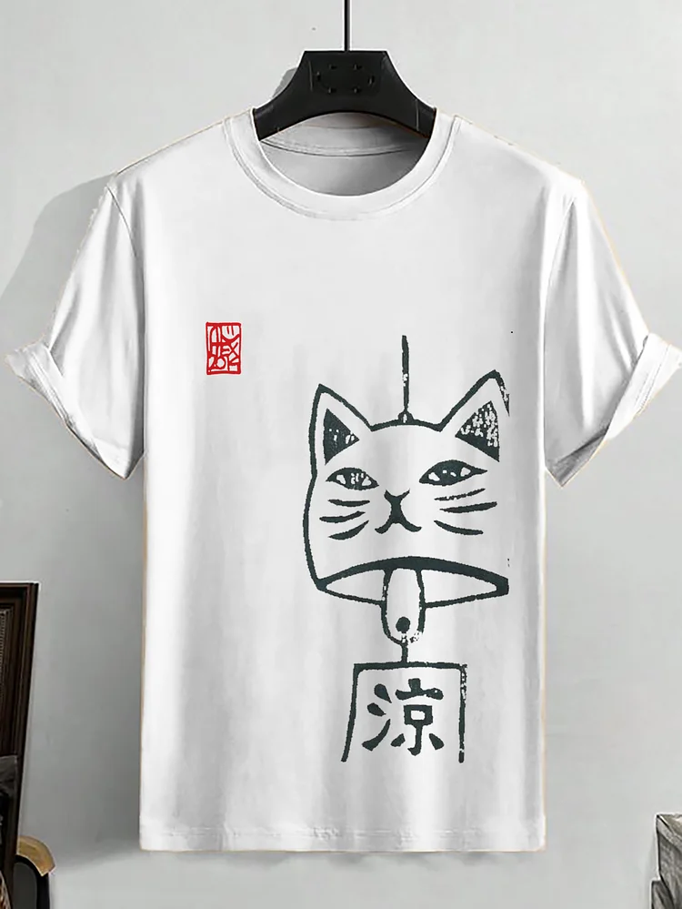 <💯Cotton> Men's Wind Chimes Cat Japanese Art Print Cotton Casual T-Shirt